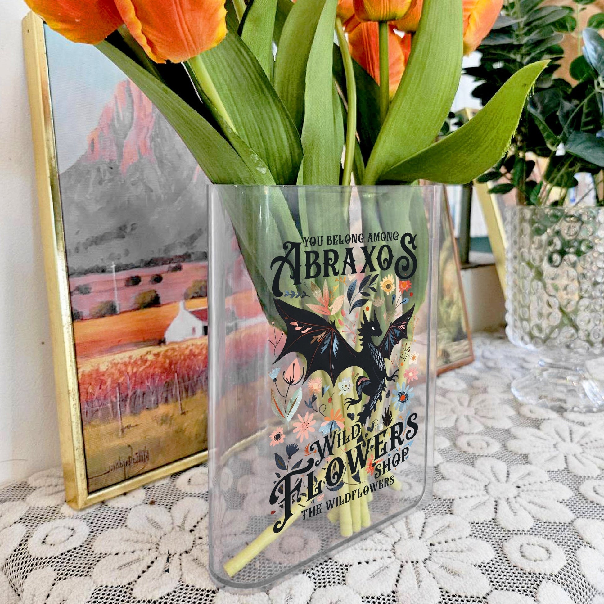 Abraxos Flower Garden Club Books Acrylic Vase for Flowers, Fantasy Dragon Bookish Book Shaped Flower Vase, Fantasy Readers Book Club Gifts VLRBV21