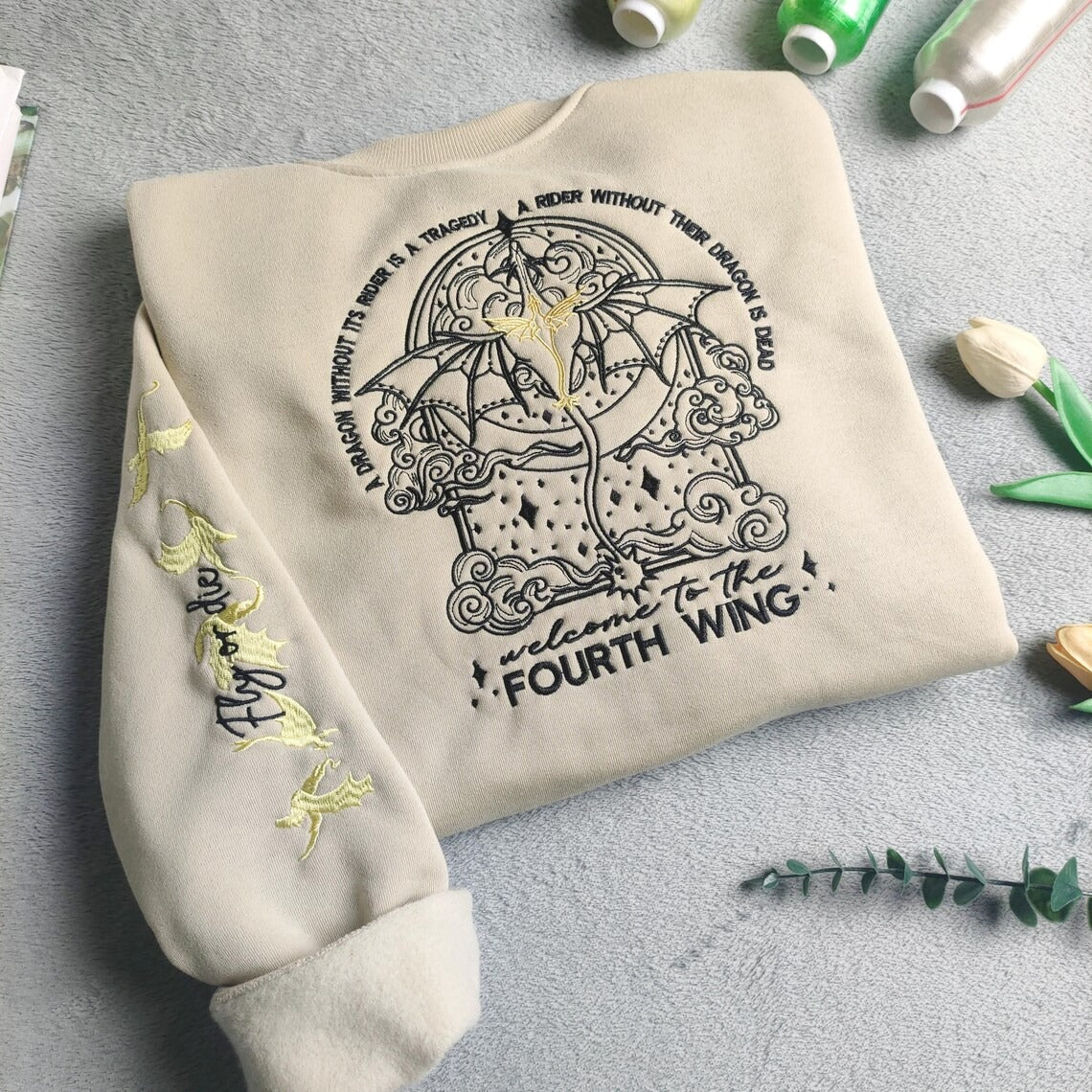 Embroidered Fourth Wing Sweatshirt, Dragon sweatshirt, Dragon Rider Sweatshirt. VEMB16