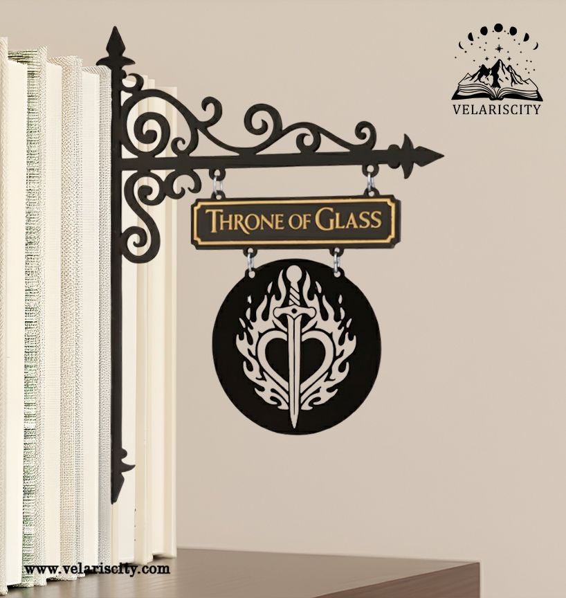 Throne of Glass Book Tavern Sign, Flaming Sword Heart Wooden Book Tracker, Aelin Inspired Decor, Fantasy Bookish Gift BSVLR39