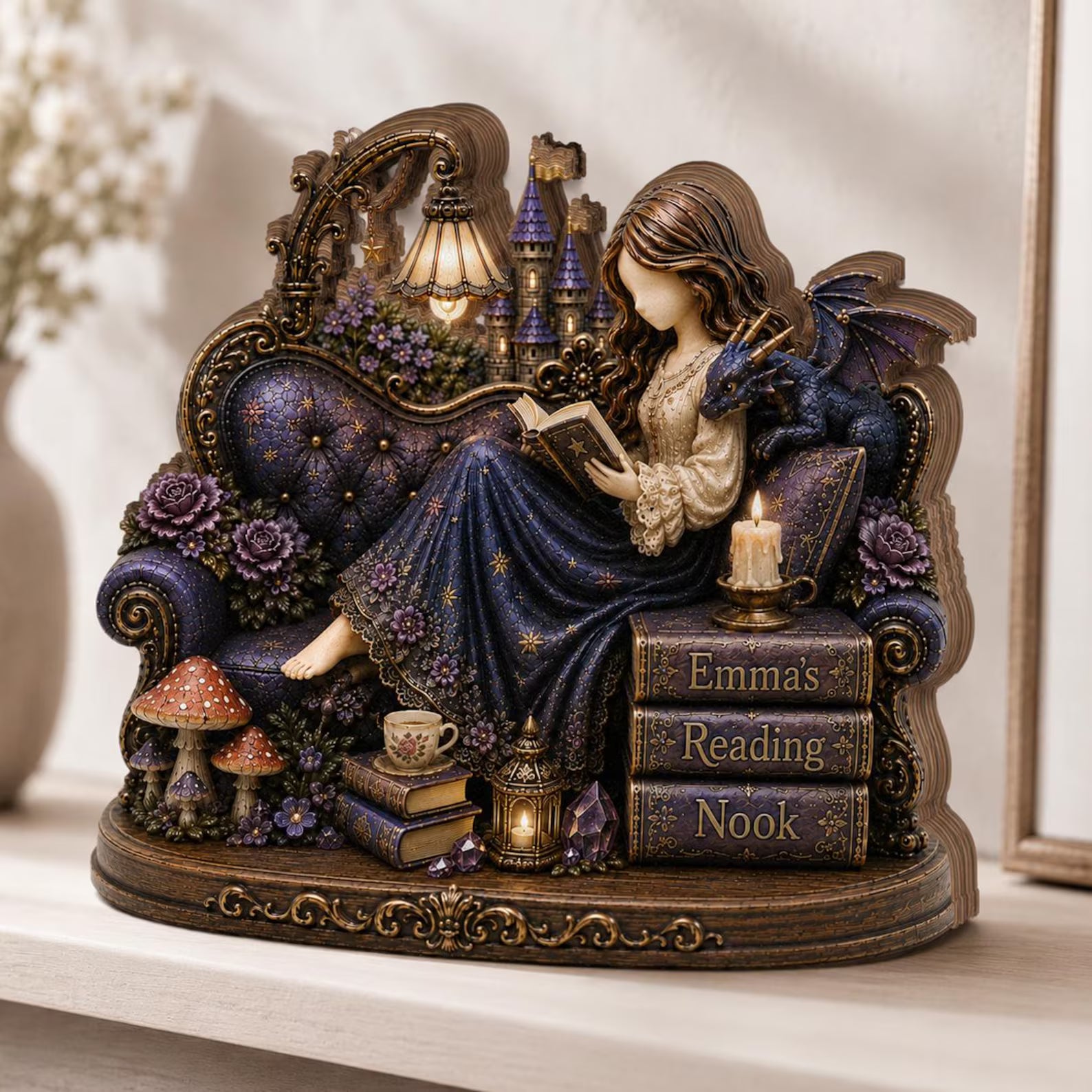 Personalized Dragon Reading Nook Girl Loves Book Lover Decor Fantasy Reader Gift Custom Bookish Shelf Sitter Gothic Cottagecore Gift for Her  – WBVLR06