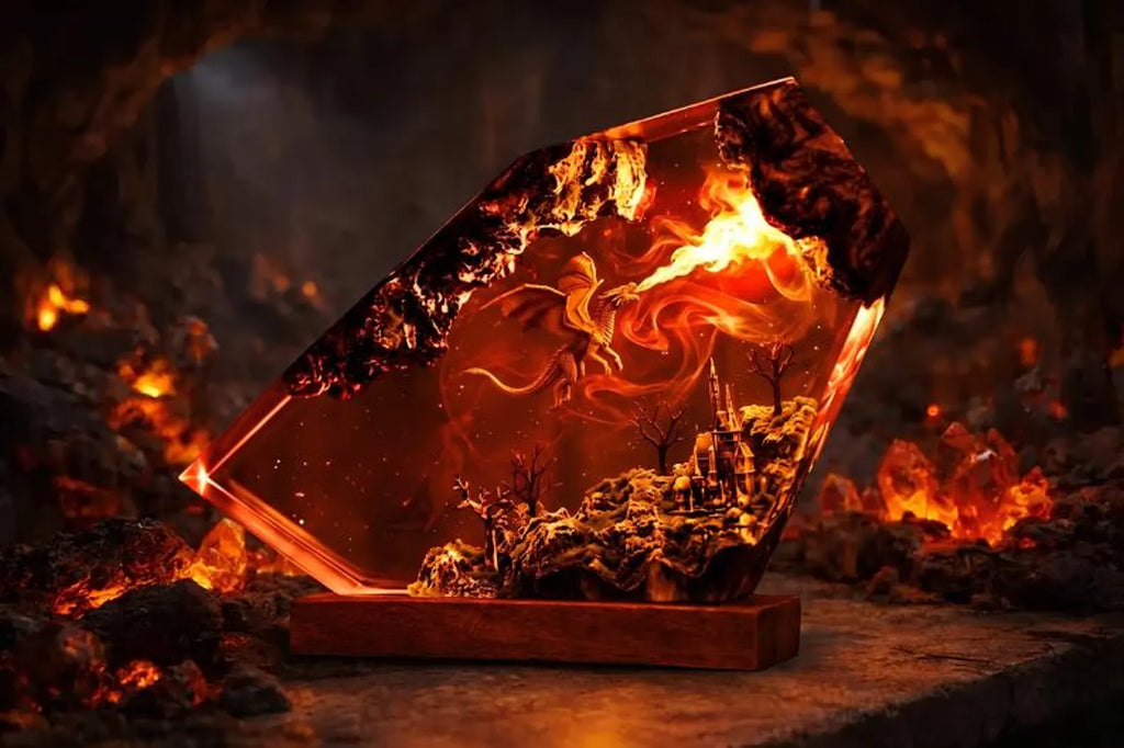 Fire Dragon Crystal Resin Lamp, Epic Fantasy Gemstone Night Light, Glowing Cave Diorama, Gamer Desk Setup Decor,Unique Birthday Gift for Him. ERNLVLA13