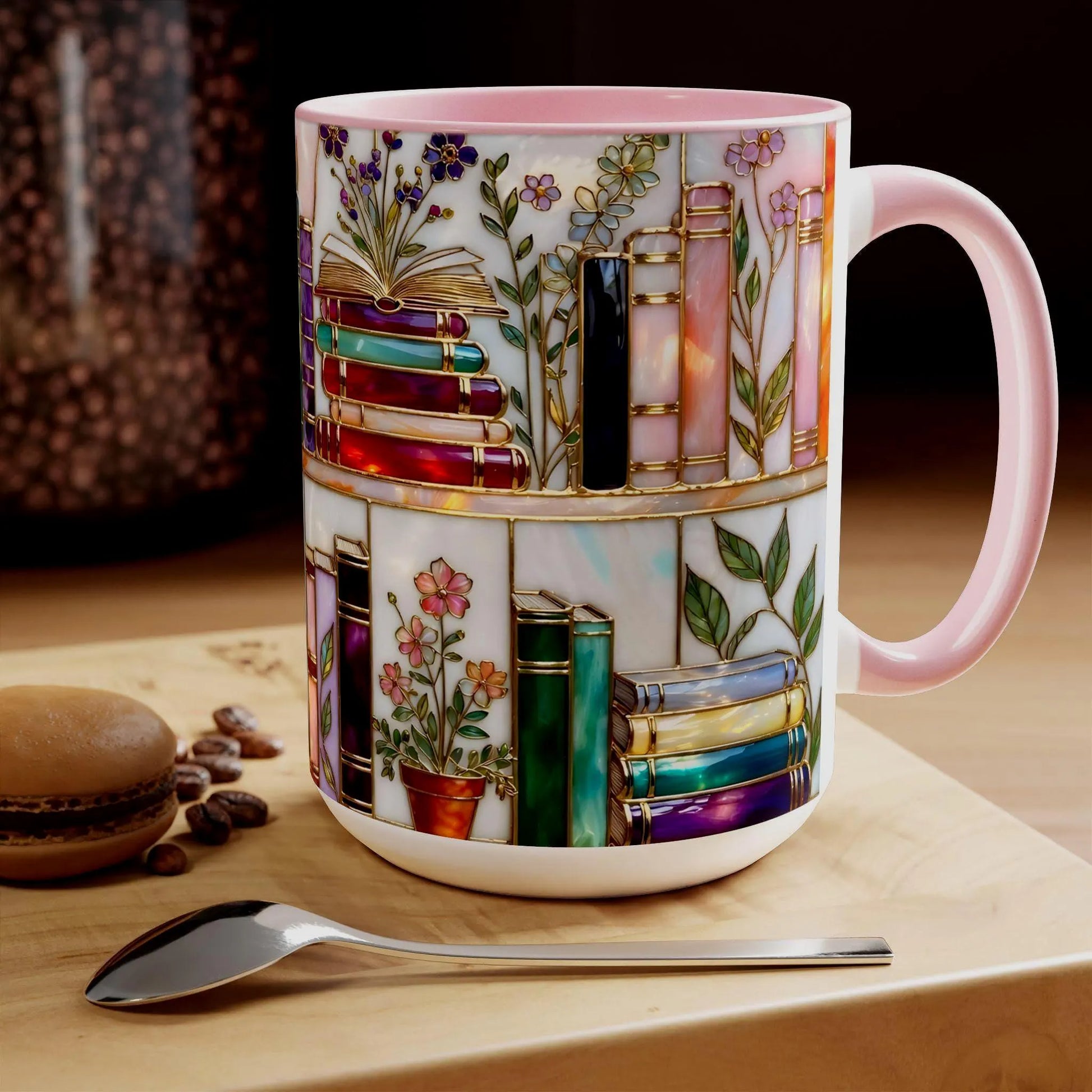 Stained-Glass Style Floral Bookshelf Mug, Book Lover Gift, Bookish Mug, Library Cup