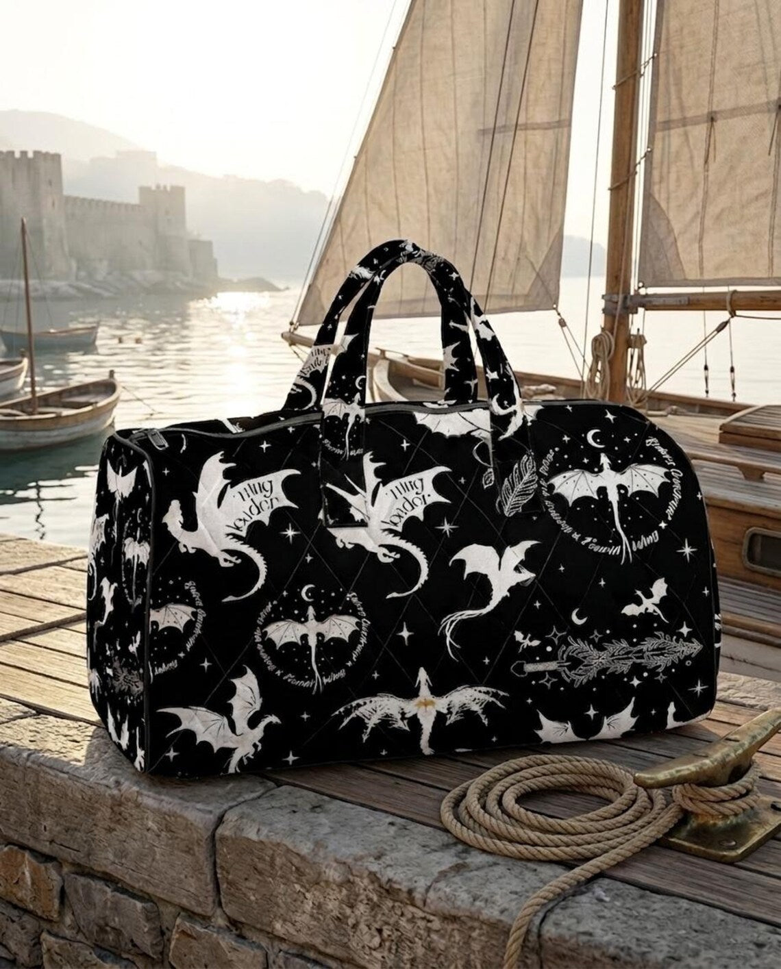 Dragon Weekender Bag, Gothic Dragon Travel Bag, Fantasy Quilted Duffel Bag, Dark Academia Overnight Bag, Dragon Lover Gift For Her. QDBVLR1