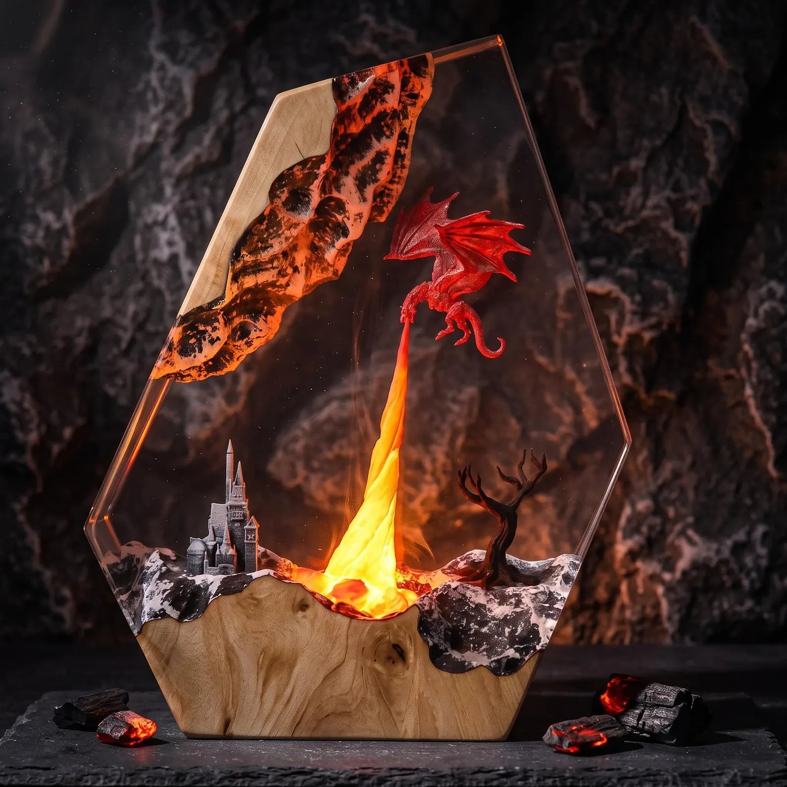 Handmade fire-breathing dragon epoxy resin 3D model lamp, anime dinosaur night light, resin table lamp, a collectible gift for movie fans.. ERNLVLA09