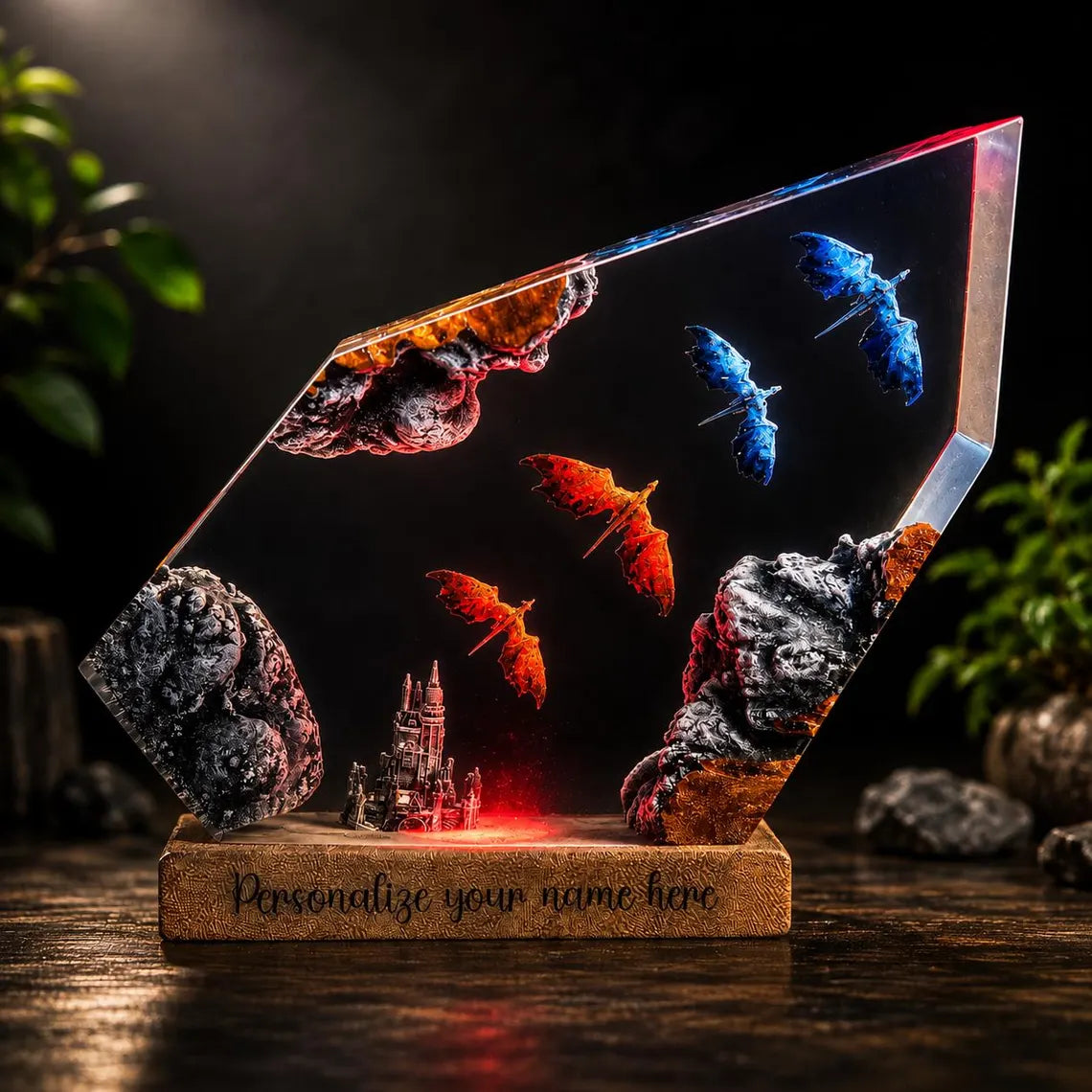Dragon Resin Lamp, Personalized Fantasy Night Light, Medieval Castle Decor, Epoxy Wood Art, Gamer Gift, Gothic Bedroom Accent. ERNLVLA22