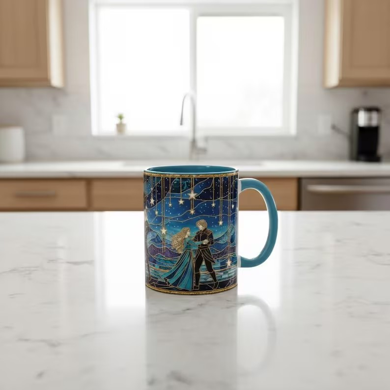 ACOTAR Night Court Coffee Mug, Feyre and Rhysand Stained Glass Style Mug, Starfall Fantasy Romance Art Cup, Bookish Tea Mug