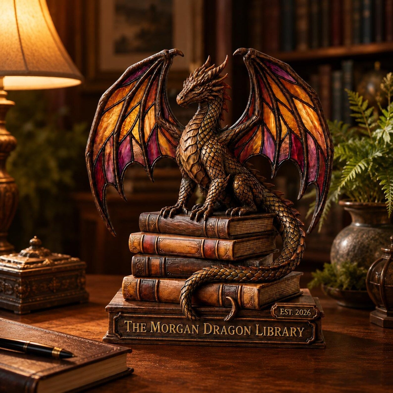 Personalized Dragon Book Stack Wooden Block, Custom Fantasy Library Name Sign Decor – WBVLR11
