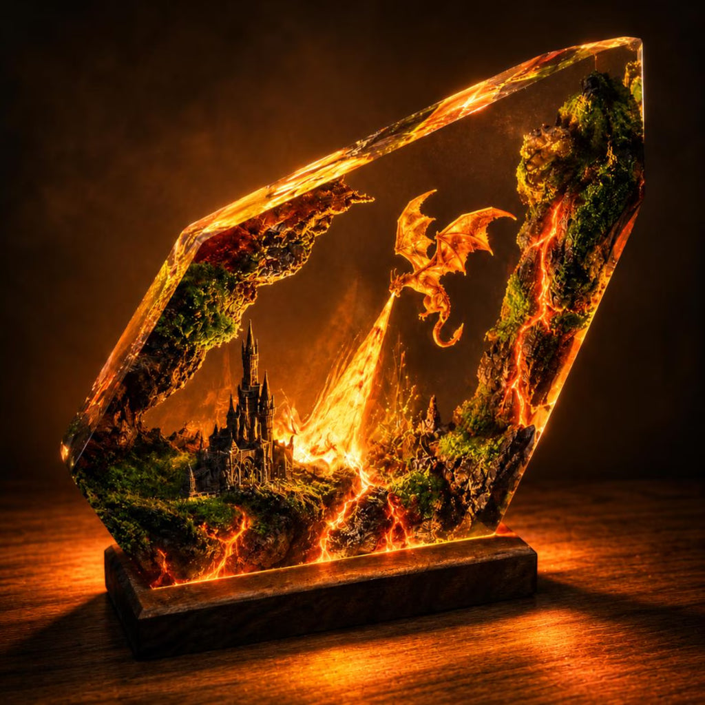 Dragon Resin Diorama Lamp, Fantasy Epoxy Night Light with Castle Scene, LED Wood Base, Unique Gift for Dragon Lovers, Gift For Him Dad. ERNLVLA10