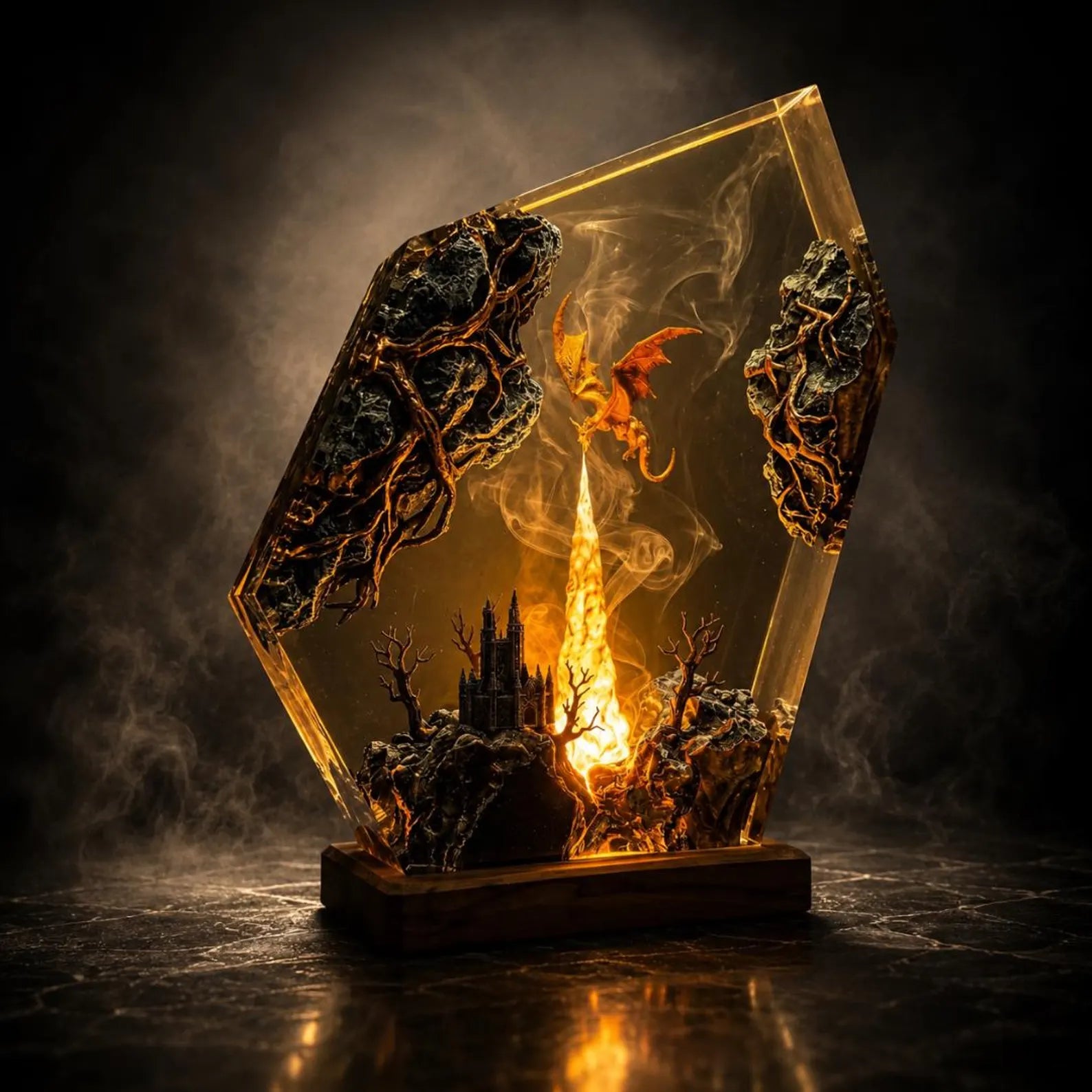 Handmade Dragon Resin Lamp, Fire and Ice Epoxy Wood Decor, 3D Dragon Table Lamp, Fantasy Night Light Art, Unique Birthday Gift, Gift for Dad. ERNLVLA02