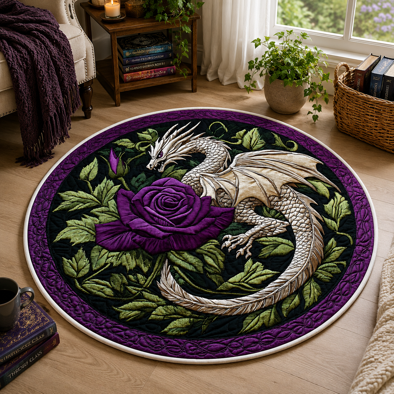 Velaris Inspired Dragon Quilted Round Rug, Noble Beast Quilted Round Mat, Bookish Home Decor, Dragon Lover Gift, Cozy Reading Room Rug - QRVLR02
