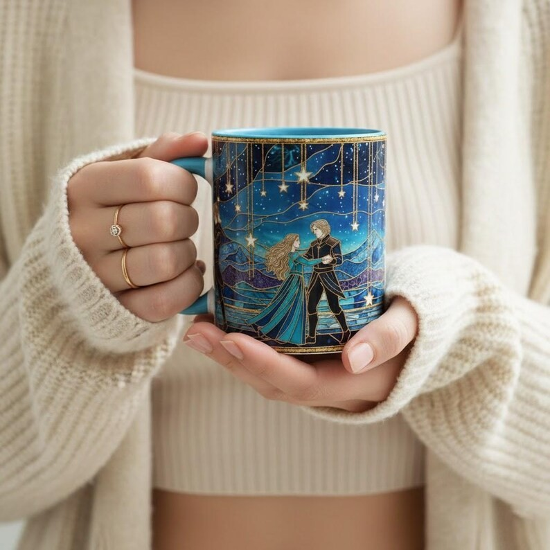 ACOTAR Night Court Coffee Mug, Feyre and Rhysand Stained Glass Style Mug, Starfall Fantasy Romance Art Cup, Bookish Tea Mug