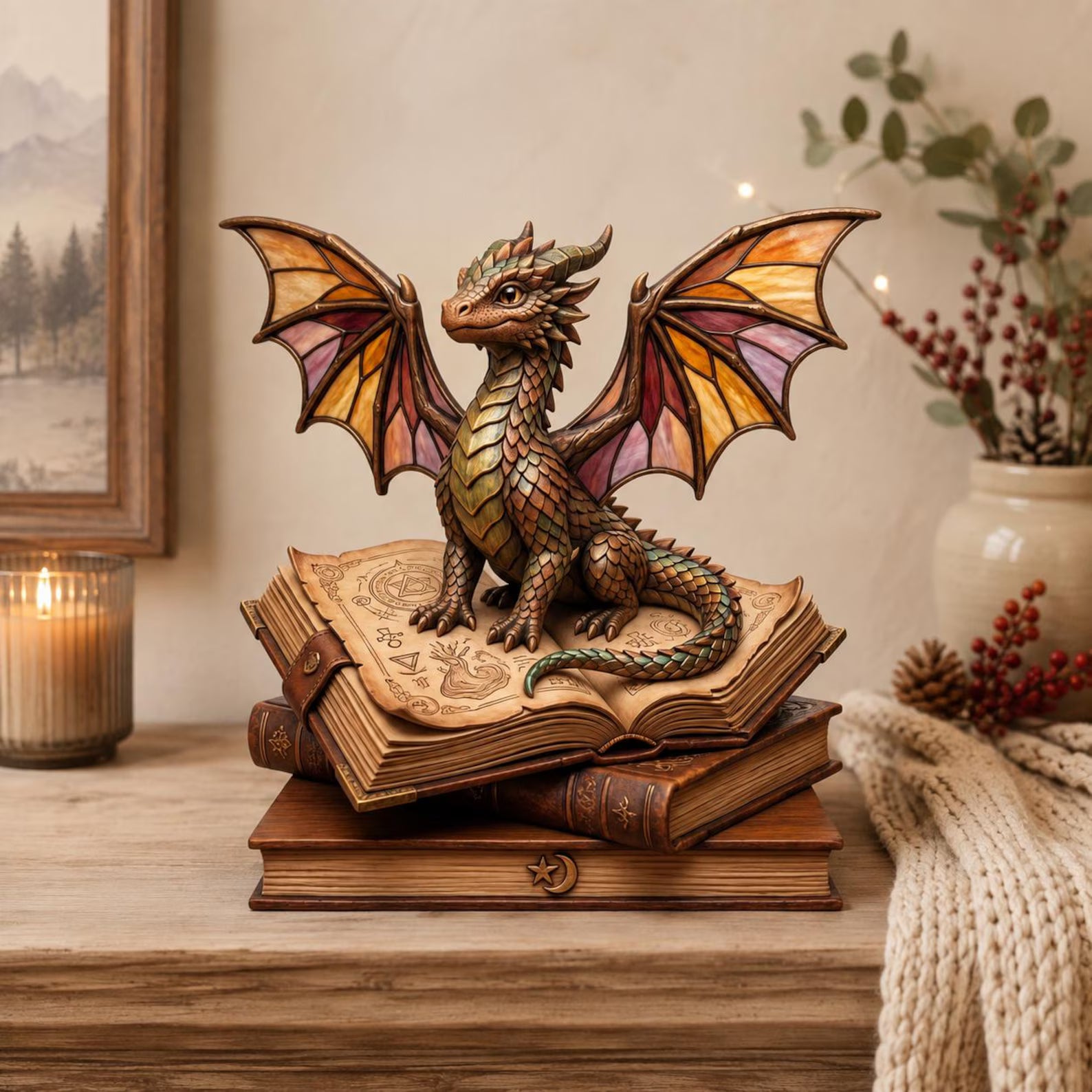 Dragon Book Stack Wooden Block Decor, Magical Library Accent  – WBVLR08