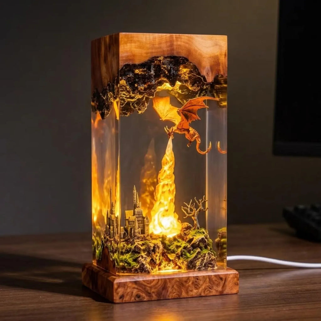 Dragon Resin Lamp, Fantasy Dragon Night Light, Handmade Epoxy Resin Art, Fire Dragon Desk Lamp, Castle Diorama LED Decor Gift, Gift for Dad. ERNLVLA05
