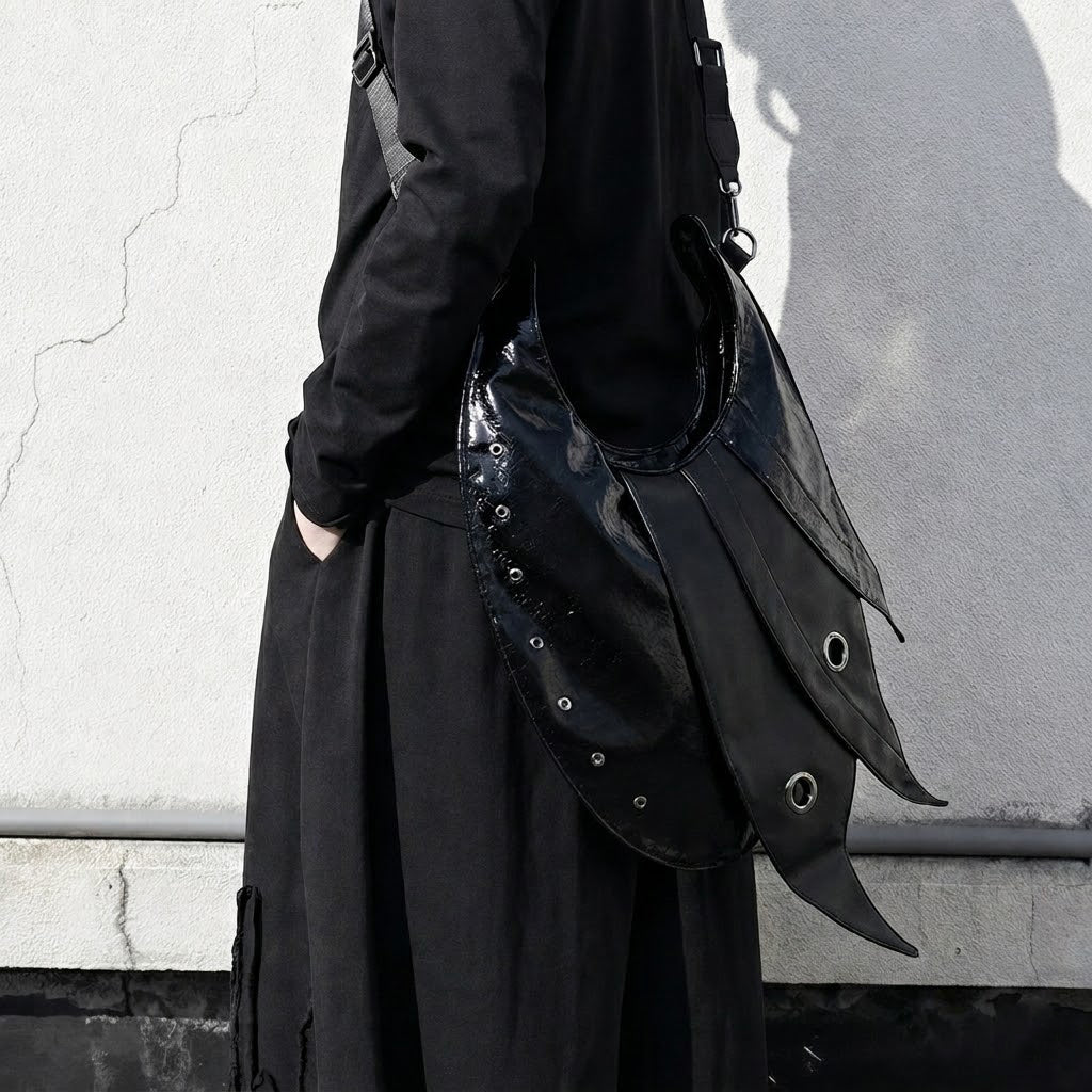 Black Dragon Silhouette Crossbody Bag, Batwing Nightfall Bag, Fantasy Dragon Inspired PU Leather Bag, Dark Academia Shoulder Bag