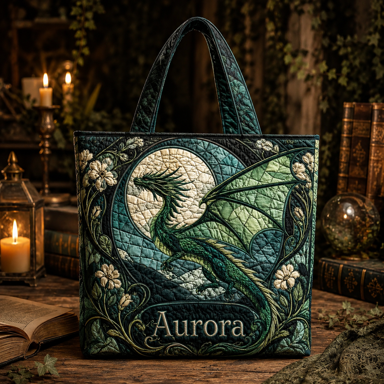 Personalized Dragon Quilted Tote Bag, Fantasy Dragon Art Design Tote Bag, Custom Name Tote, Gift for Her, Bookish Shoulder Bag QTBVLR3