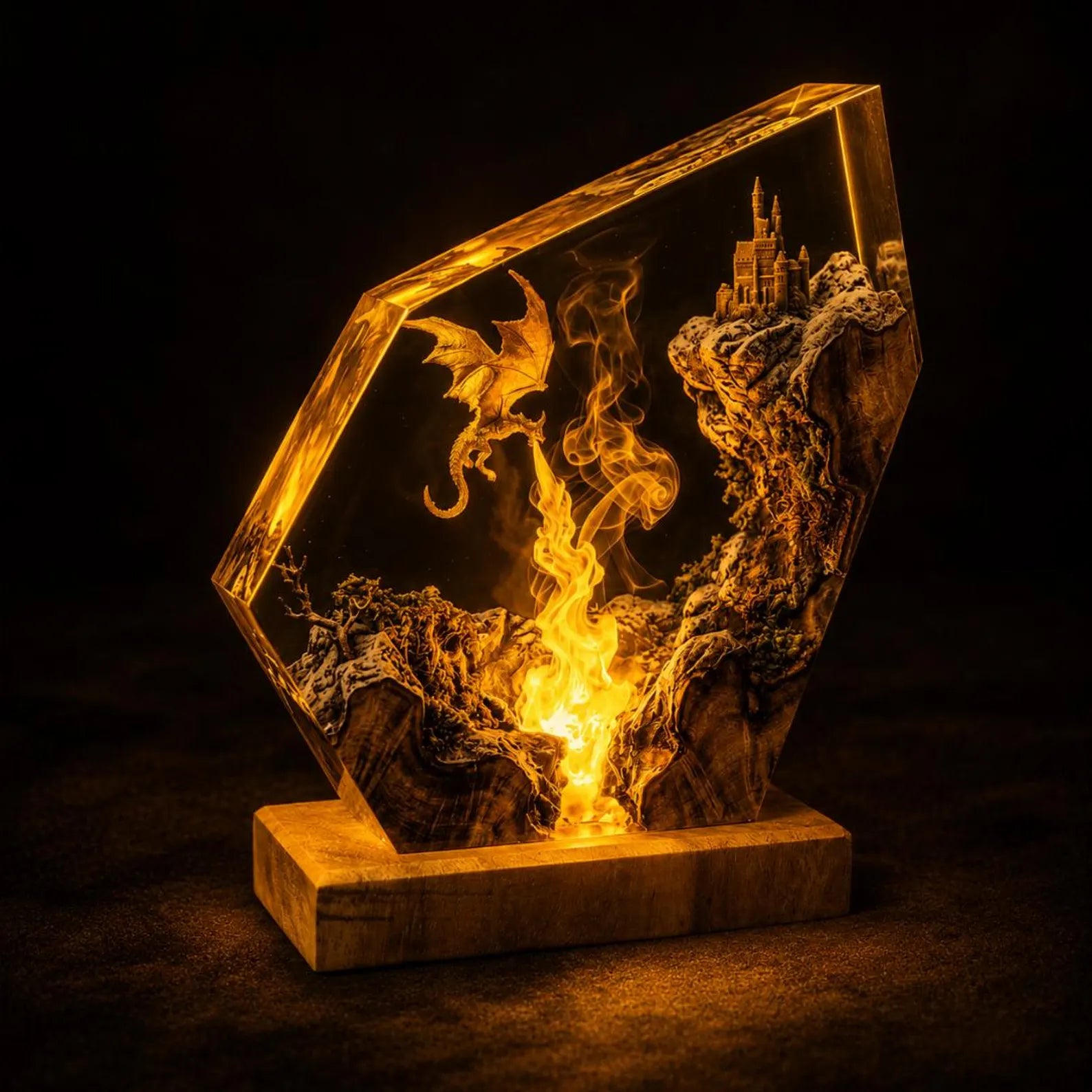 Handmade Dragon Resin Lamp, Fantasy Castle Diorama Night Light, LED Wood Base, Fire Dragon Resin Lamp, Handmade Fantasy Epoxy Night Light. ERNLVLA04