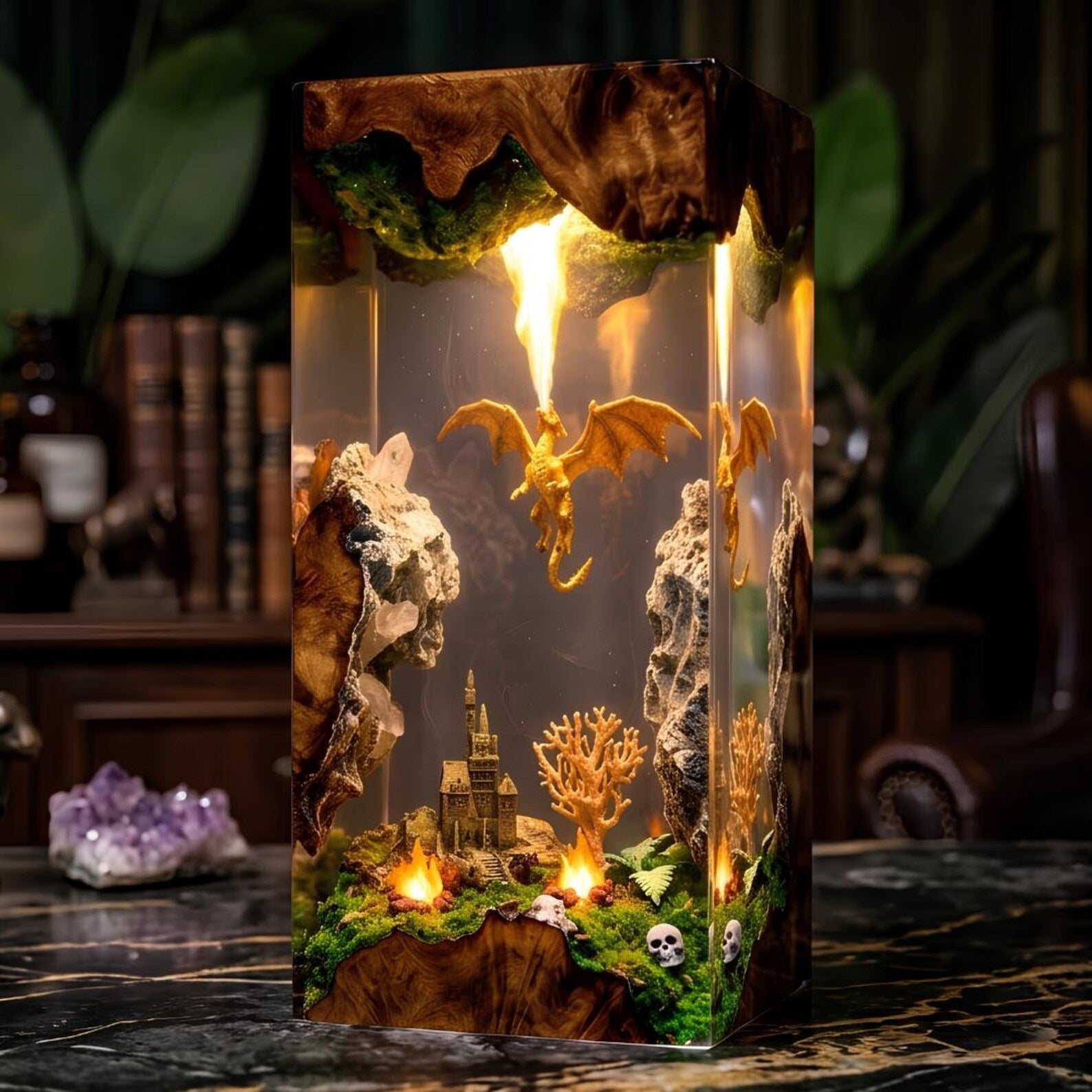 Golden Dragon Resin Lamp, Vertical Castle Diorama Night Light, Dark Fantasy Wood Epoxy Art, Gamer Desk Decor, Unique Gift for Him. ERNLVLA12