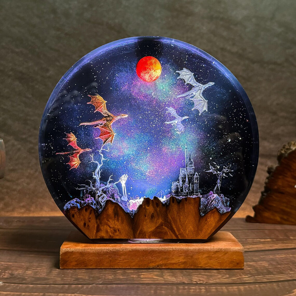Dragon Moon Night Light – Handmade Resin Lamp with Castle Scene – Fantasy LED Decor Gift. ERNLVLA24