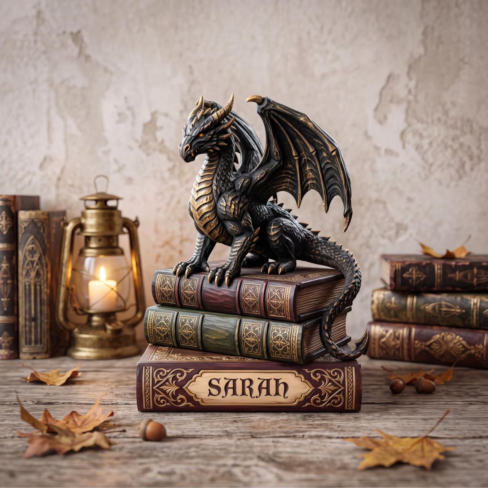 Majestic Dragon Book Stack 2D FLAT Wooden Block, Custom Dark Academia Desk Decor, Gothic Fantasy Bookshelf Sign, Book Lover Gift – WBVLR09