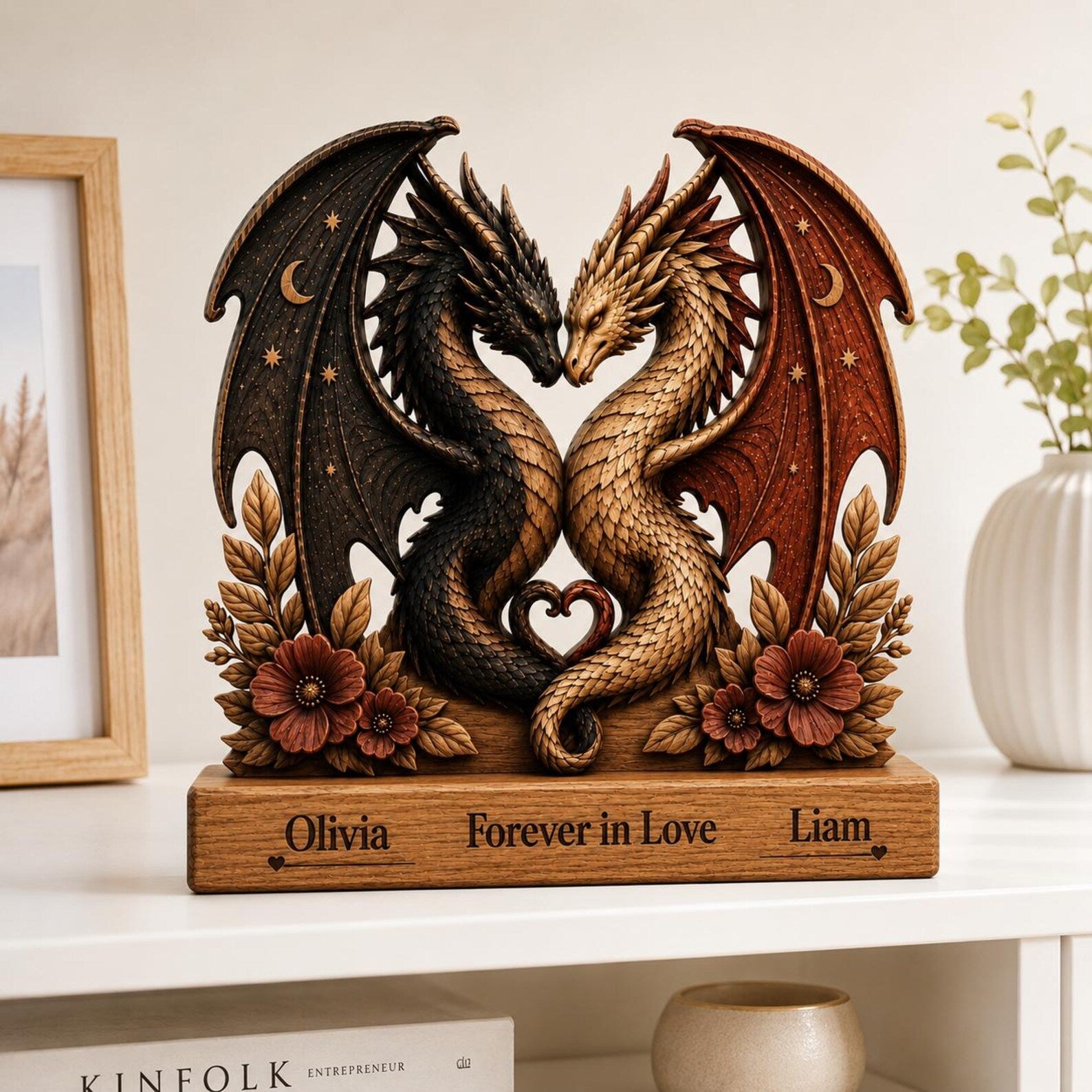 Custom Names Forever in Love Decor, Personalized Dragon Couple Sig, Fantasy Dragon Wedding Gift, Anniversary Gift for Couple, Romantic Dragon Home Decor – WBVLR04