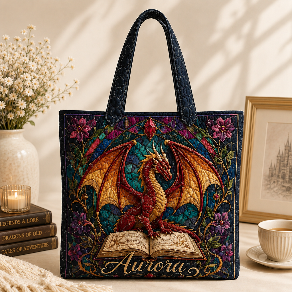 Custom Name Dragon Tote Bag, Fantasy Dragon Book Club Bag, Gothic Floral Novel Lover Shoulder Bag Tote, Witchy Book Lover Gift for Her QTBVLR8
