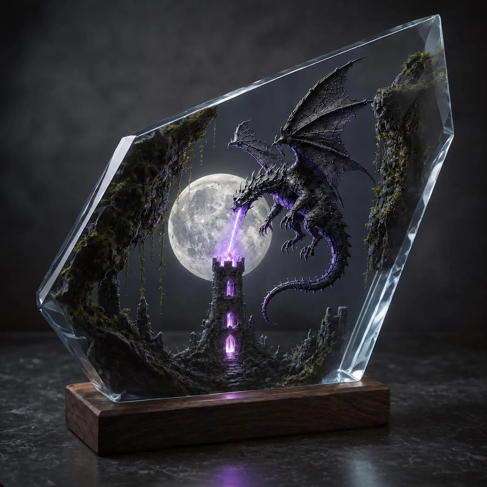 Shadow Dragon Resin Lamp, Moonlit Tower Night Light, Dark Fantasy Epoxy Wood Lamp, Handmade Dragon Decor, Unique Gift. ERNLVLA17