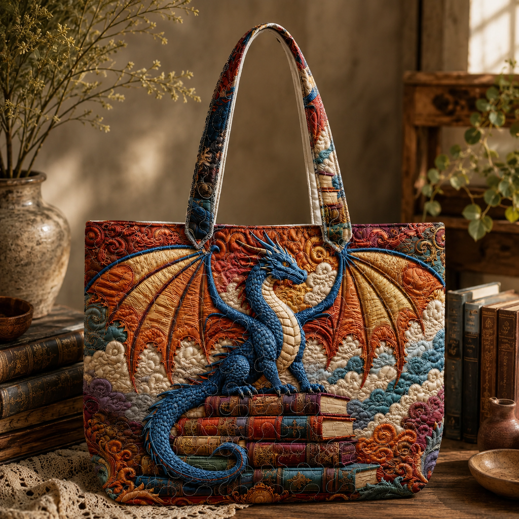 Fantasy Dragon Quilted Tote Bag, Personalized Book Lover Handbag, Magical Library Dragon Tote Gift for Fantasy Reader Women QTBVLR5