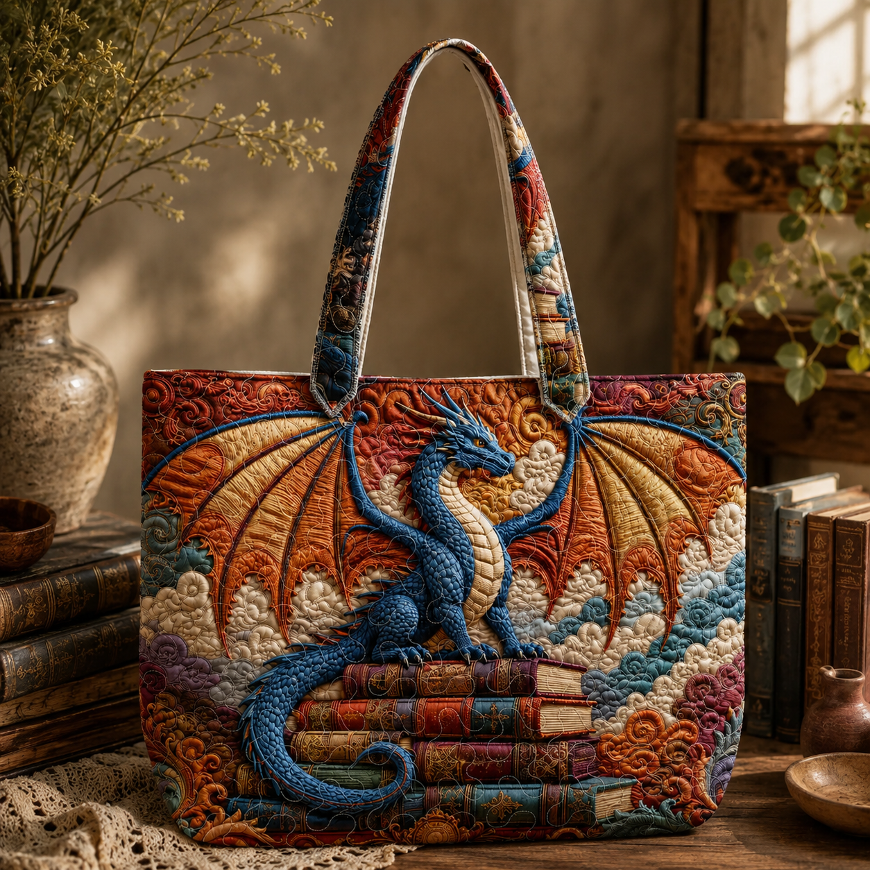 Fantasy Dragon Quilted Tote Bag, Personalized Book Lover Handbag, Magical Library Dragon Tote Gift for Fantasy Reader Women QTBVLR5