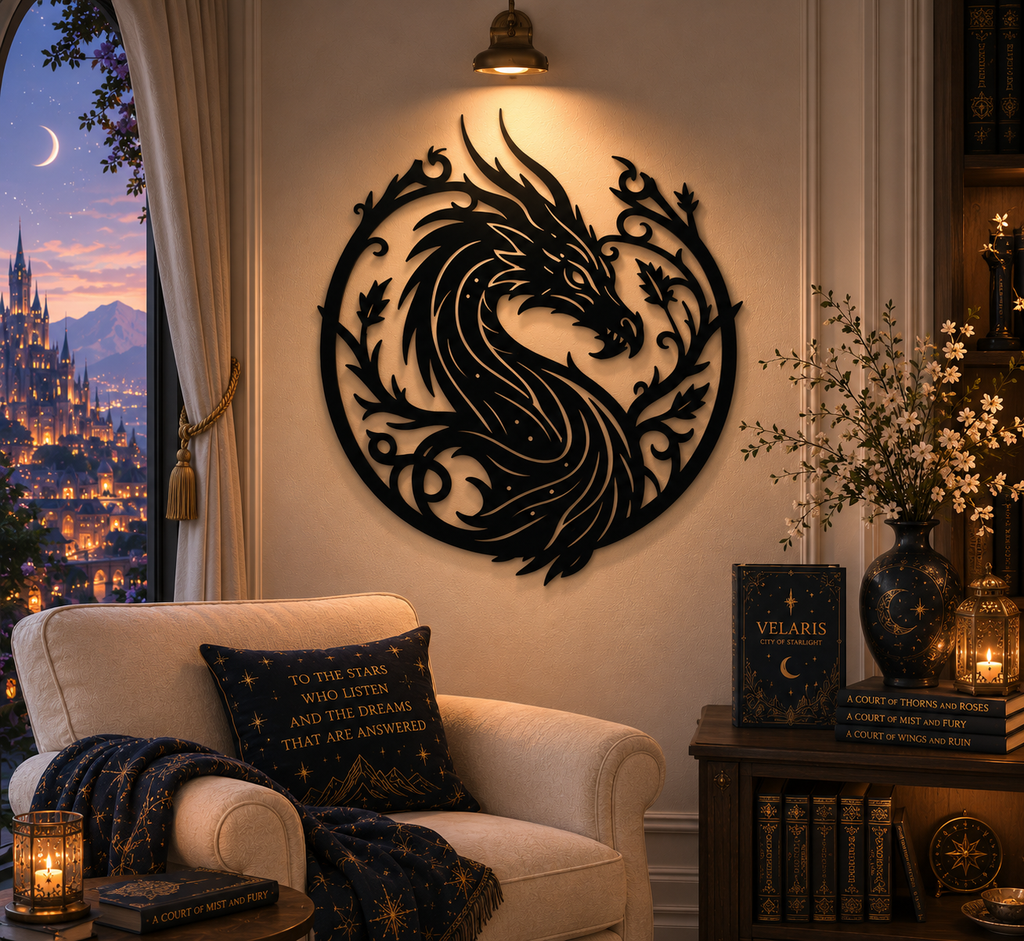 Velaris Dragon Metal Wall Art, Night Court Dragon Wall Decor, City of Starlight Fantasy Bookish Decor, ACOTAR Inspired Dragon Metal Sign, MWAVLR04