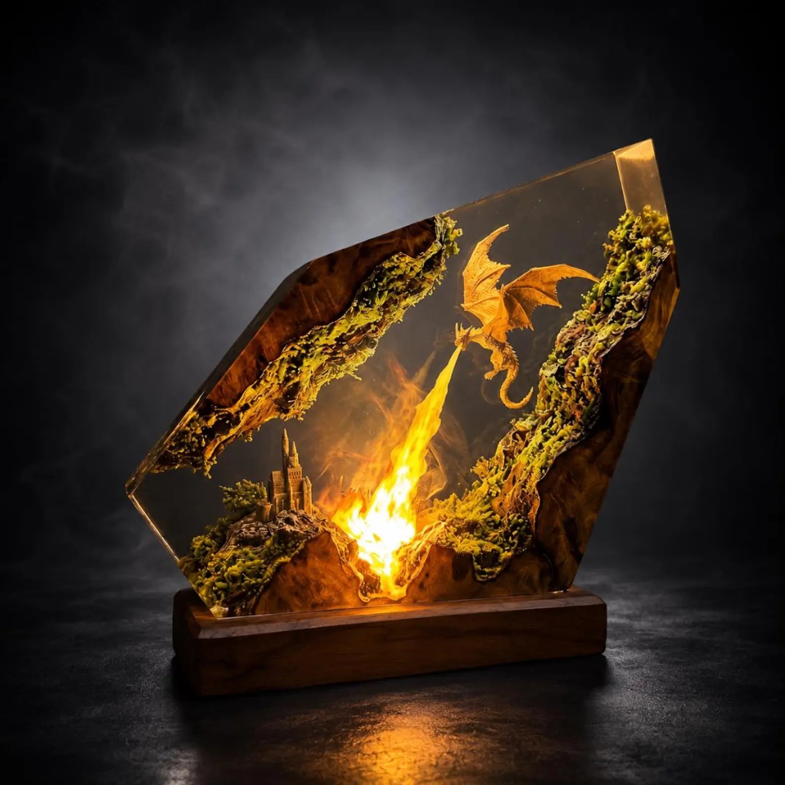 Fire Dragon Resin Lamp – Epoxy Wood Dragon Lamp | Handmade Fantasy Night Light | Dragon Figure Decor | Unique Gift for Gamers & Collectors. ERNLVLA03