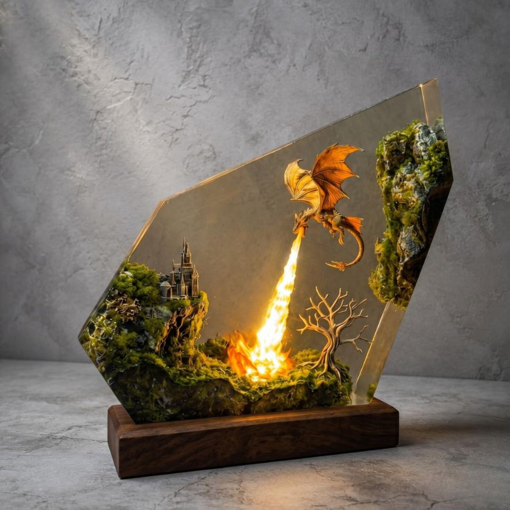 Fire Breathing Dragon Lamp, Resin Castle Diorama, Moss Epoxy Night Light, Gift for Dad, Gaming Desk Setup, Handmade Dragon Statue. ERNLVLA11