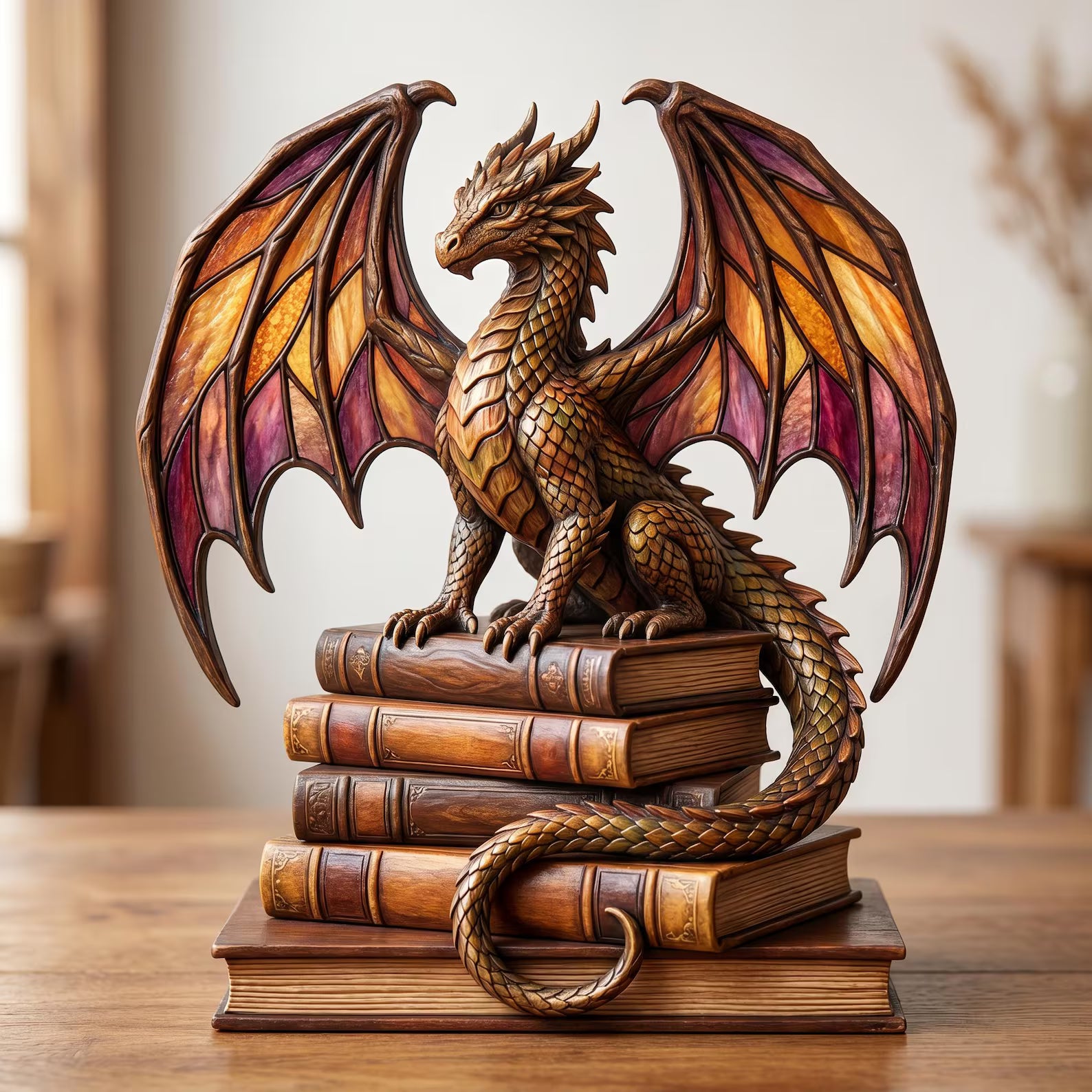 Dragon Book Stack Wooden Block Decor, Magical Library Accent, 2d flat print  – WBVLR07