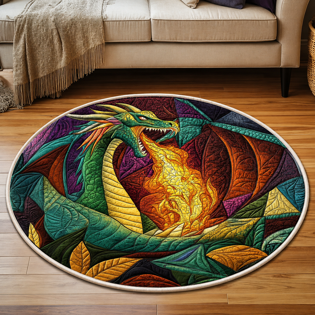 Velaris Inspired Dragon Quilted Round Rug, Fantasy Stained Glass Area Rug, Bookish Home Decor, Dragon Lover Gift, Cozy Reading Room Rug - QRVLR01