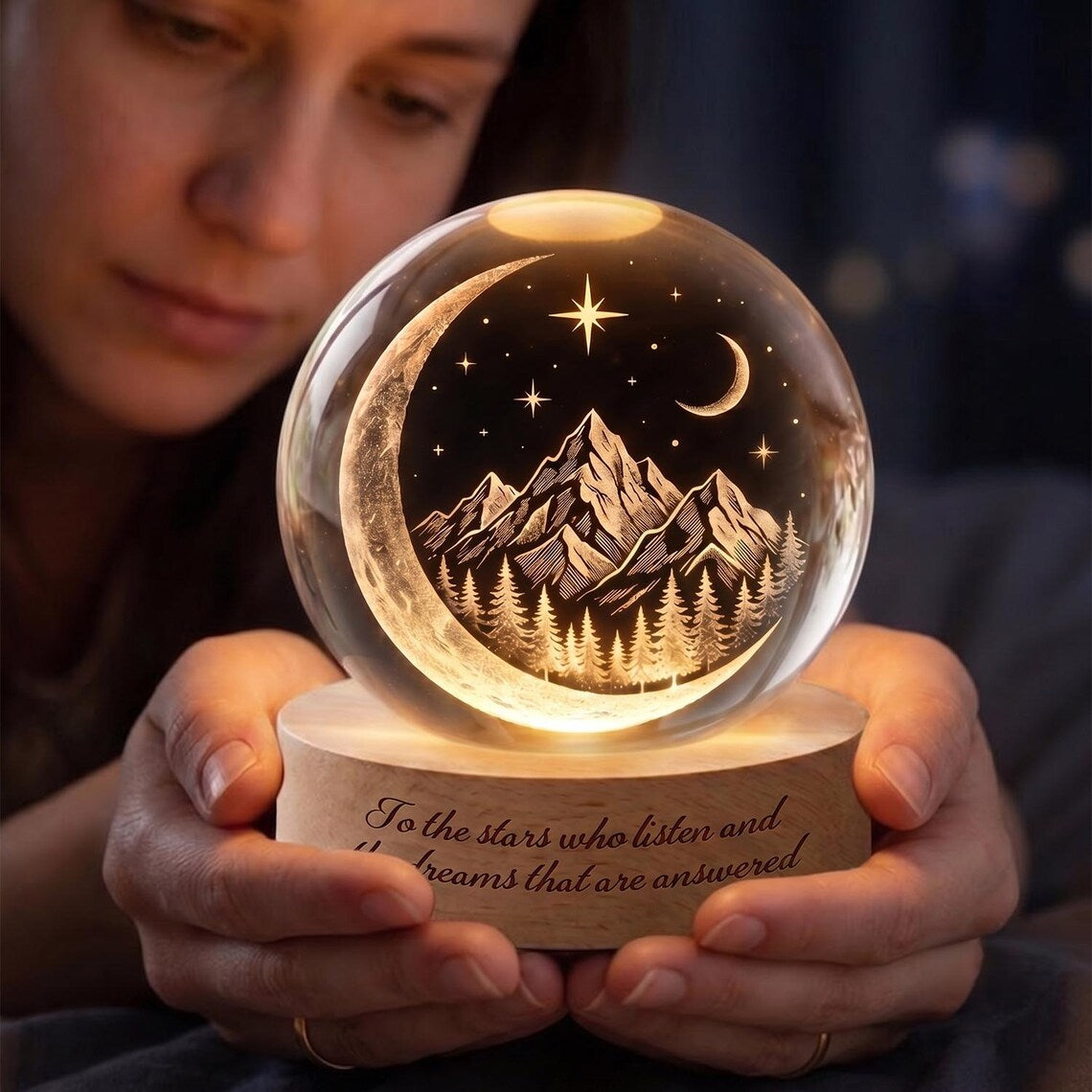 Personalized Crystal Ball Night Light, Mountain Moon Lamp, Custom Engraved Glass Globe, Celestial Bedroom Decor, Gift for Her. NLVLR4