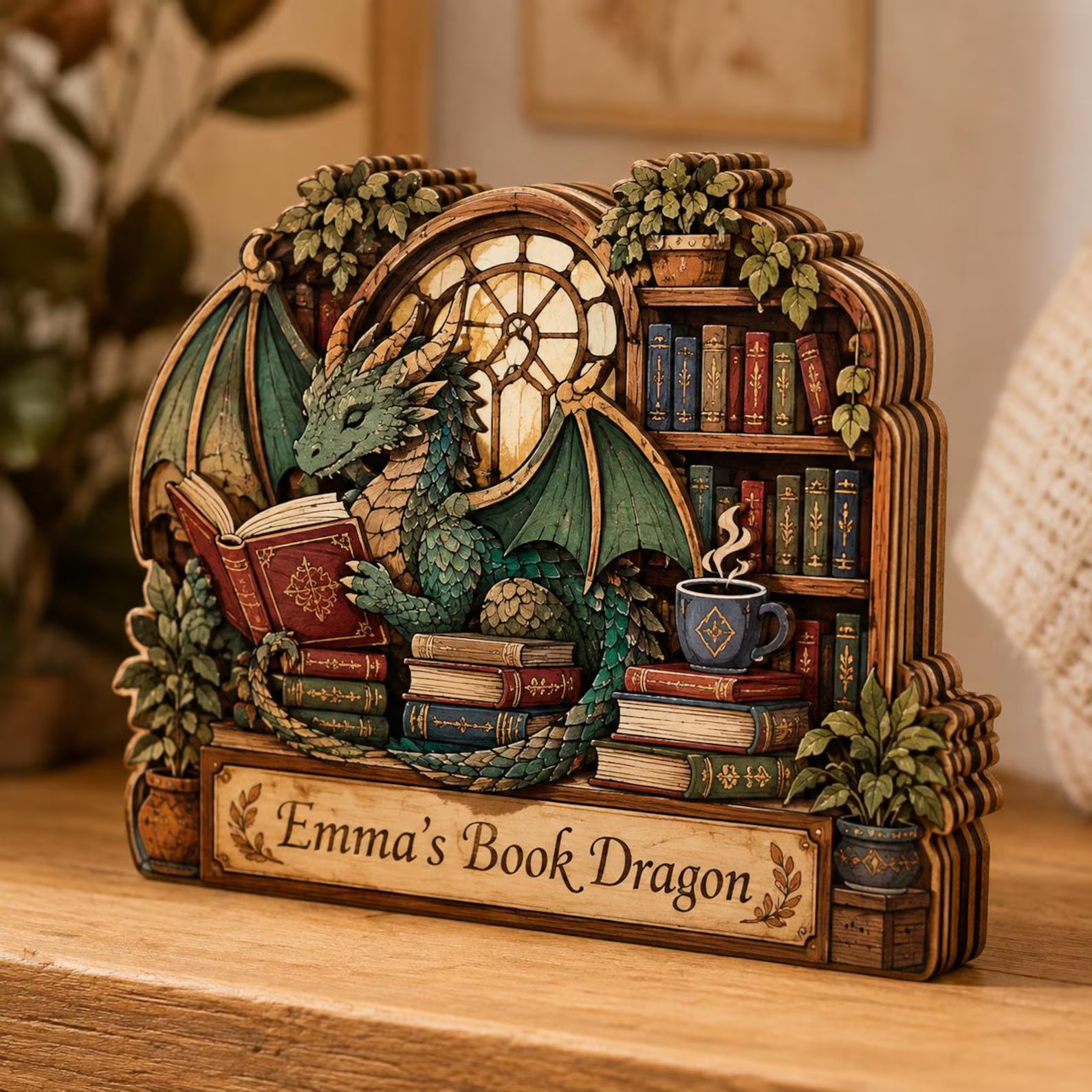 Personalized Dragon Book Stack Wooden Block Decor, Magical Library Accent, Library Decor UO1S37 – WBVLR15