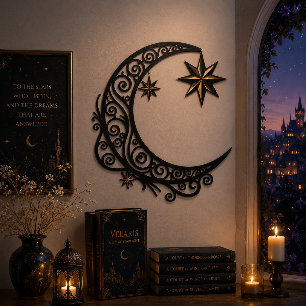 Velaris Crescent Moon Metal Wall Art, Night Court Moon and Stars Wall Decor, City of Starlight Celestial Bookish Decor, ACOTAR Inspired Metal Sign, MWAVLR09