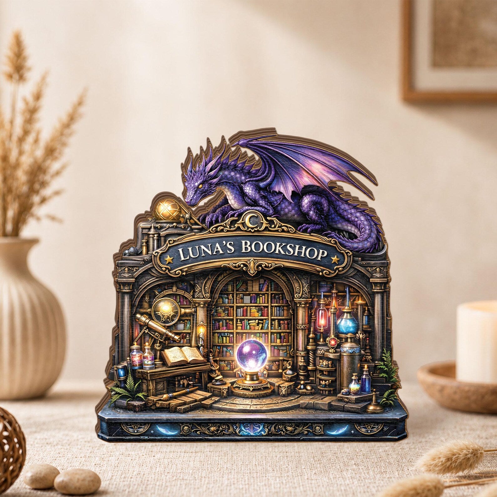 Personalized Dragon Bookshop Wooden Block, Custom Fantasy Library Shelf Decor, Dragon Book Lover Gifts, Magical Reading Nook Library Plaque – WBVLR12