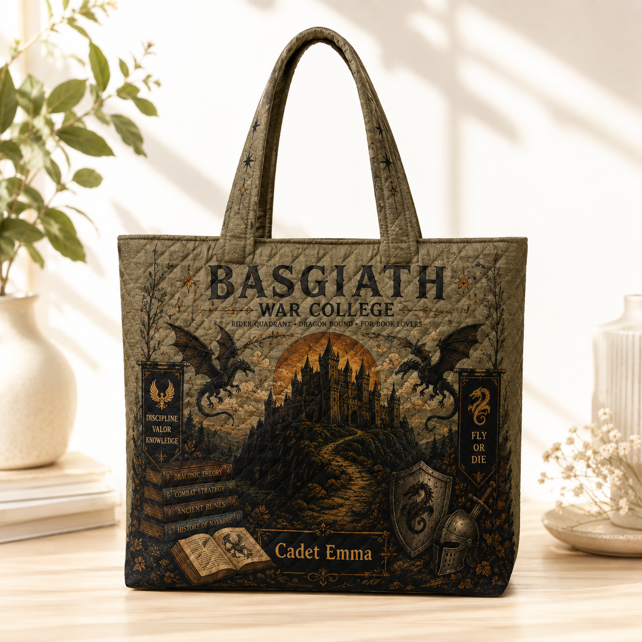 Personalized Basgiath War College Quilted Tote Bag, Dragon Rider Book Lover Gift, Fantasy Library Bag, Custom Name Reader Tote QTBVLR6