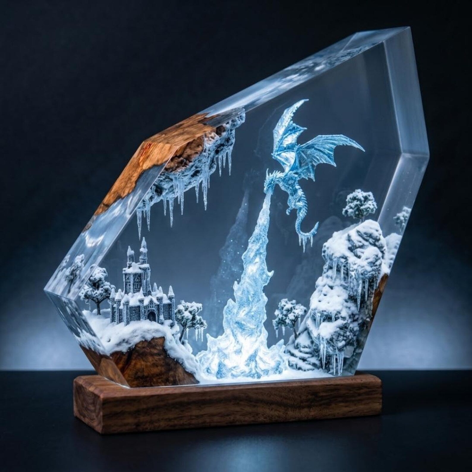 Ice Dragon Resin Lamp, Winter Castle Glacier Diorama, Frost Dragon Night Light, RGB Gamer Desk Setup Decor, Unique Fantasy Gift for Him. ERNLVLA14