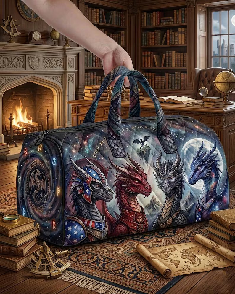 Fantasy Dragon Duffel Bag, Dragon Lover Travel Bag, Gothic Quilted Weekend Bag, Fantasy Art Gym Bag, Gift for Dragon Fans Her Him. QDBVLR2