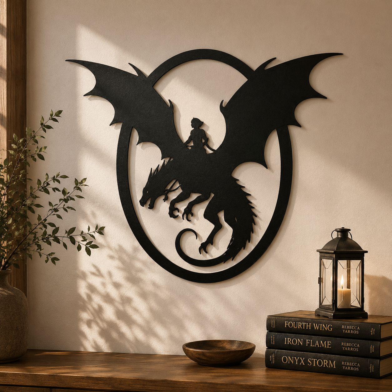 Fourth Wing Dragon Rider Metal Wall Art, Dragon and Rider Silhouette Wall Decor, Fantasy Bookish Metal Sign, Empyrean Inspired Gift for Readers, MWAVLR07