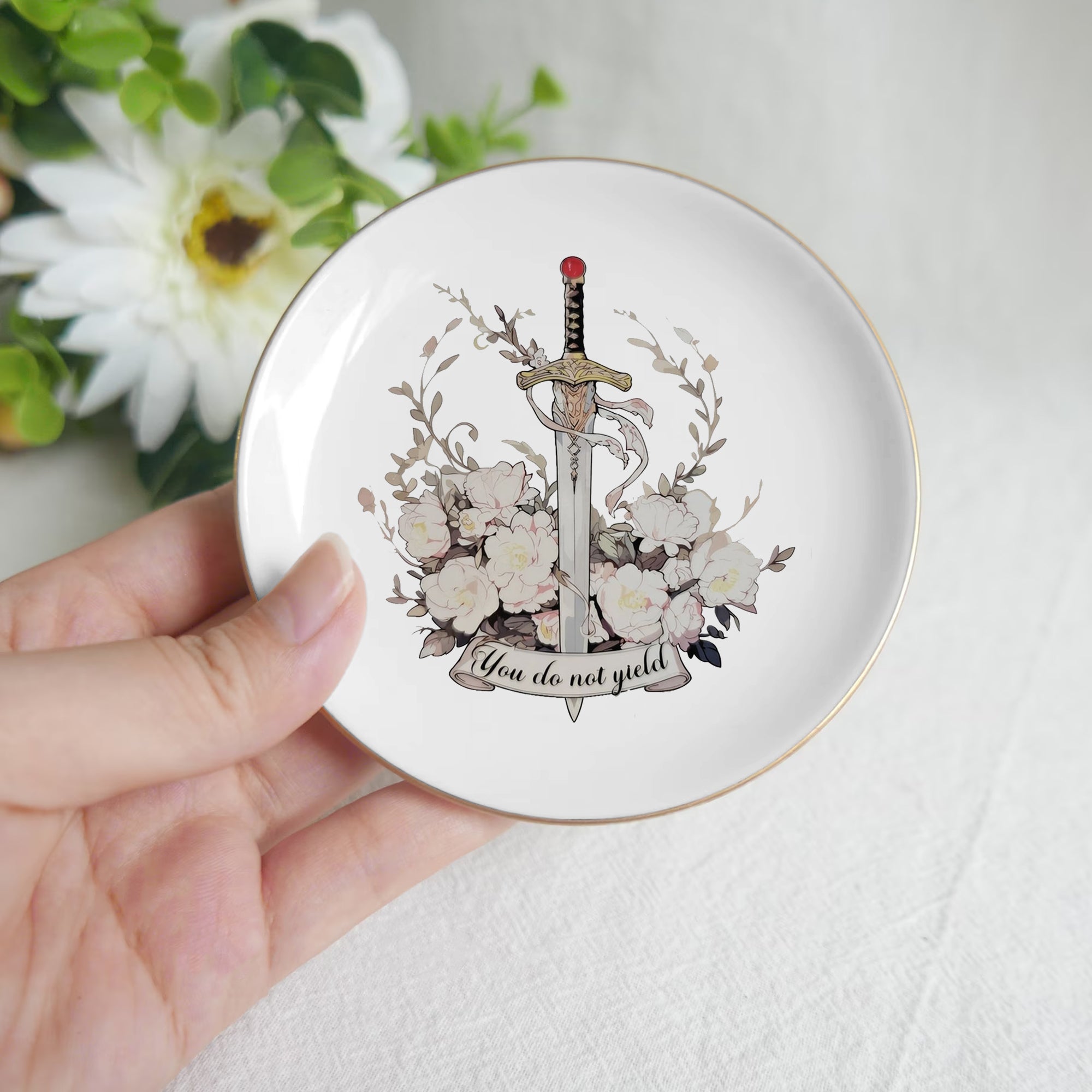 Throne of Glass Inspired Jewelry Dish, Floral Sword Ring Holder, You Do Not Yield Trinket Tray, Bookish Gift for Fantasy Reader Decor JDVLR01