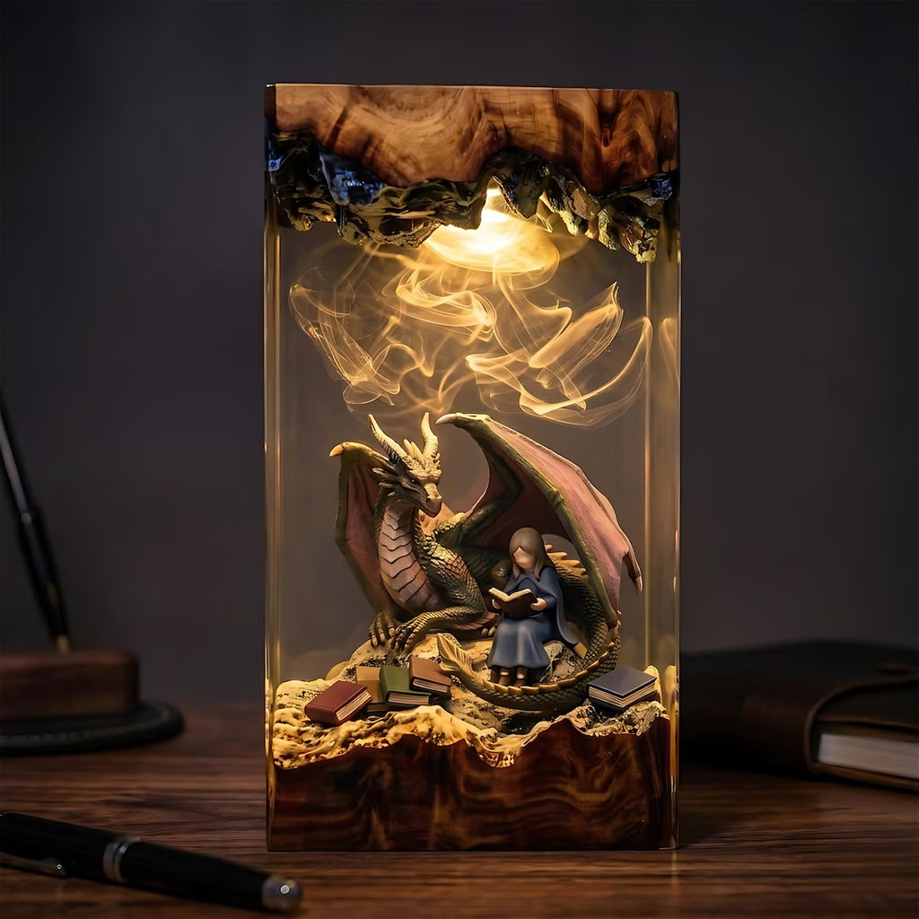 Dragon Book Resin Lamp, Twin Dragons Fantasy Reading Night Light, Magical Library Decor, Gift for Teachers and Book Lovers. ERNLVLA25