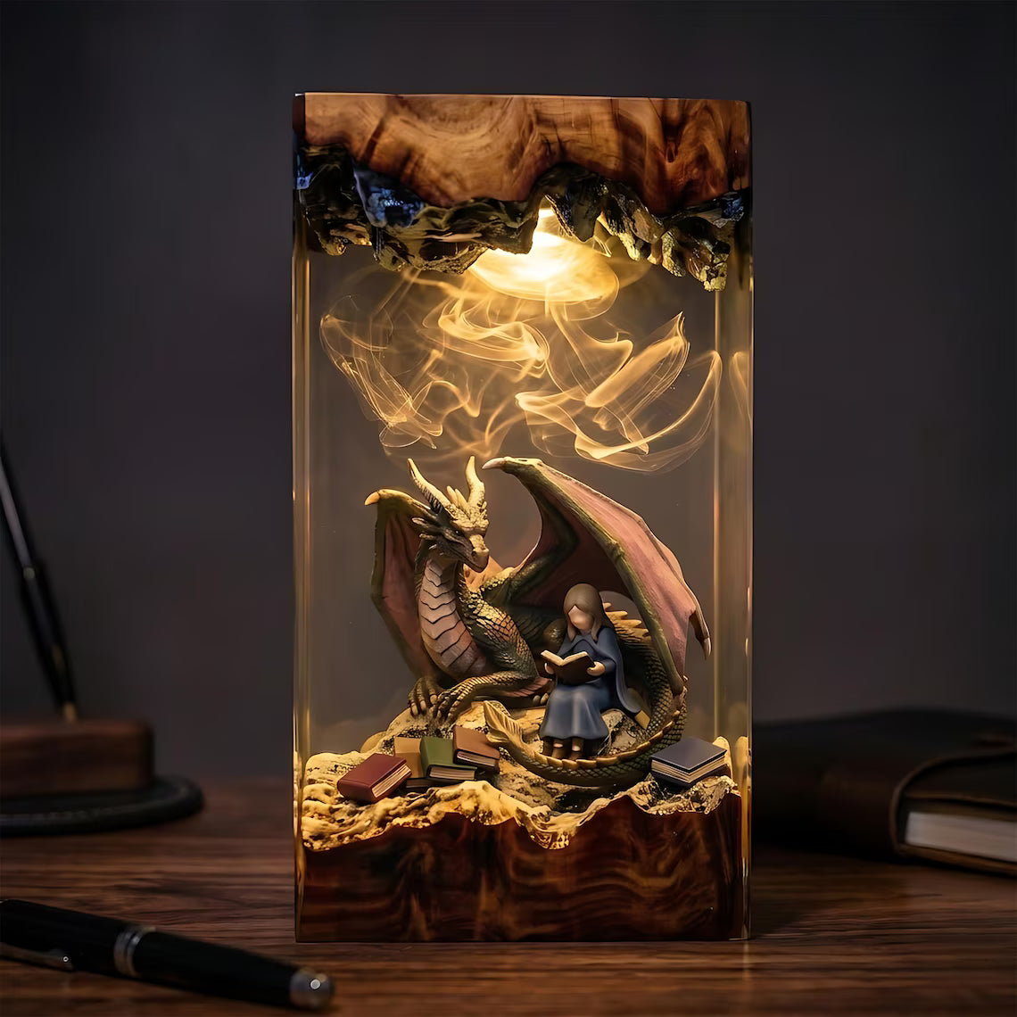 Dragon Book Resin Lamp, Twin Dragons Fantasy Reading Night Light, Magical Library Decor, Gift for Teachers and Book Lovers. ERNLVLA25