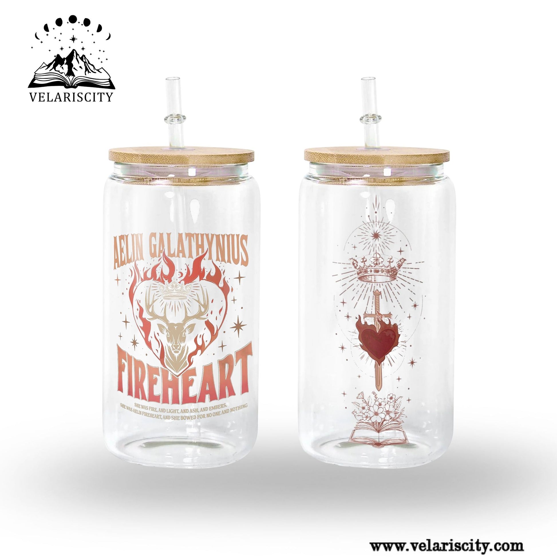 Aelin Galathynius Fireheart Glass Can Cup with Straw, Throne of Glass Bookish Gift, Fantasy Reader Drinkware GLVLR36