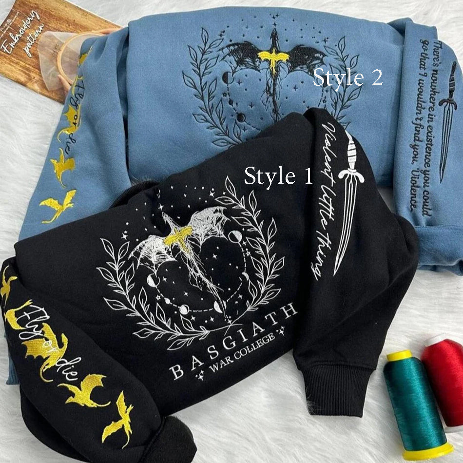 Embroidered Fourth Wing Sweatshirt, Basgiath War College Embroidered Sweatshirt, VEMB03