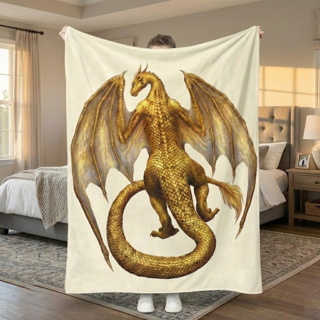 Andarna Dragon Fleece Blanket , Majestic Golden Dragon Design, Inspired by Fourth Wing Fantasy Series BLK02
