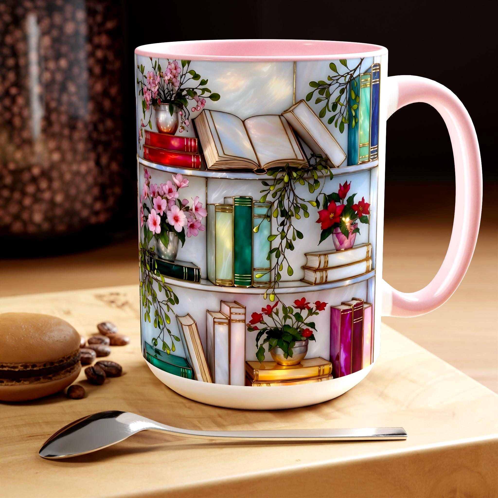 Stained Glass Style Bookshelf Mug, Colorful Floral Book Mug, Book Lover Gift. Elegant Reading Mug MFVLR02