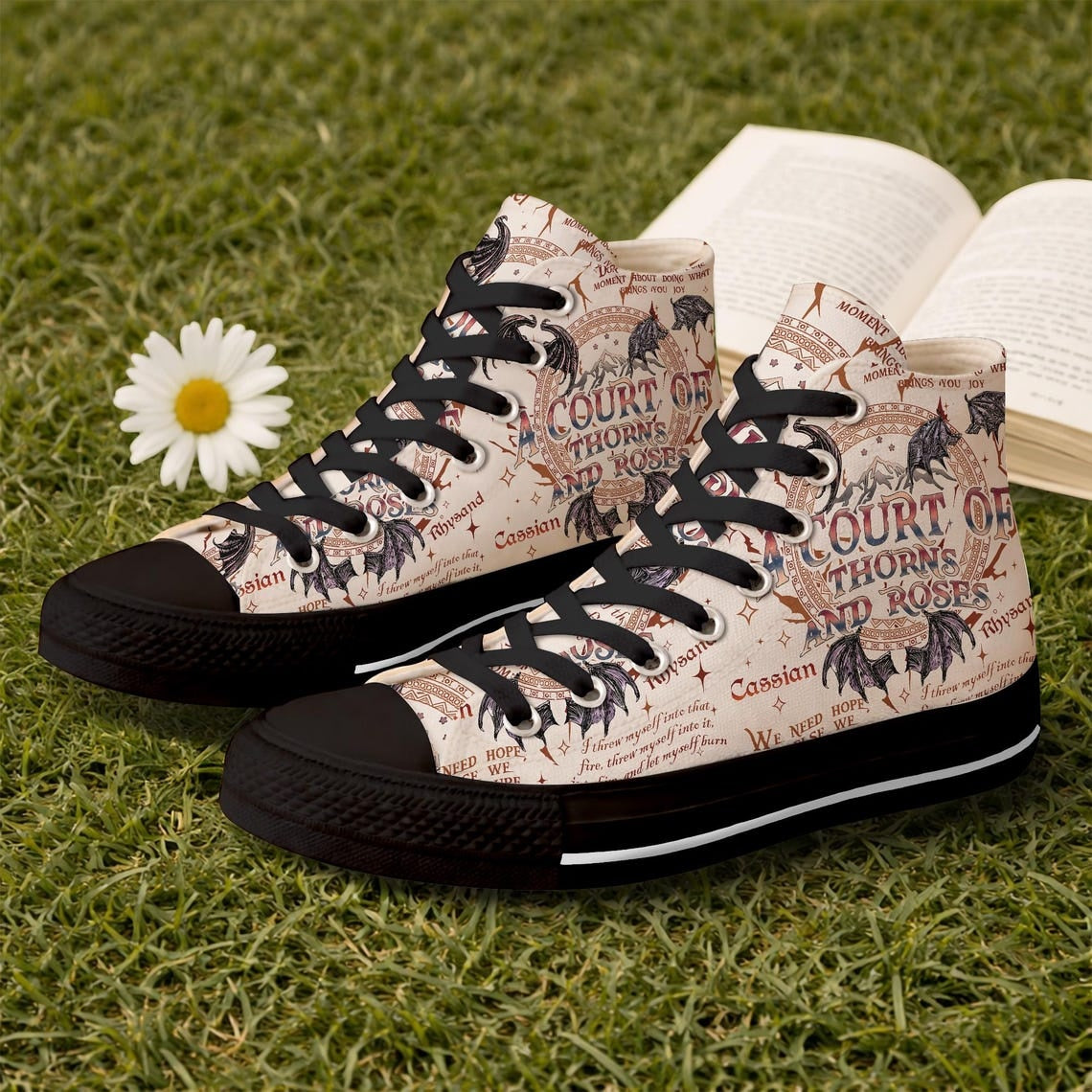 A Court Of Thorns And Roses High Top Shoes, ACOTAR Inspired Floral Canvas Sneakers, Fantasy Book Lover Gift. HSVLR02