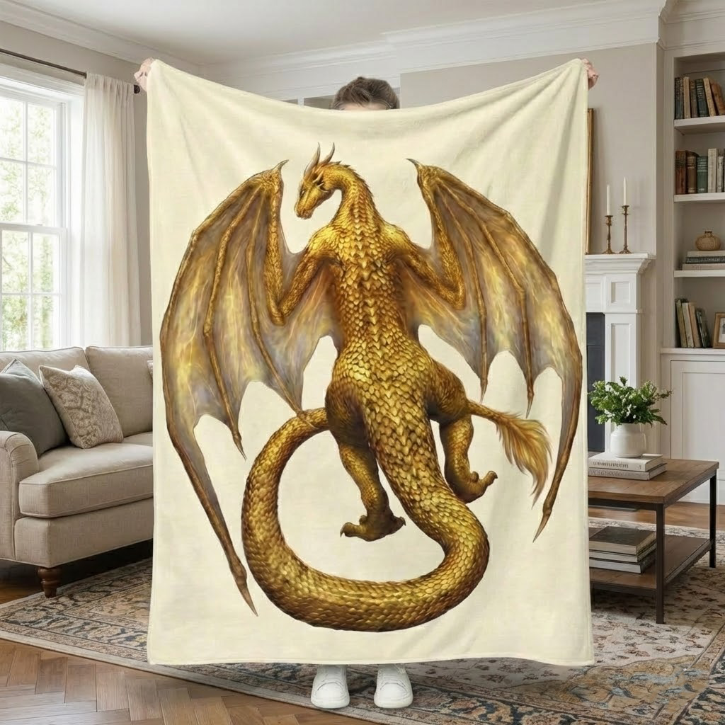 Andarna Dragon Fleece Blanket , Majestic Golden Dragon Design, Inspired by Fourth Wing Fantasy Series BLK02